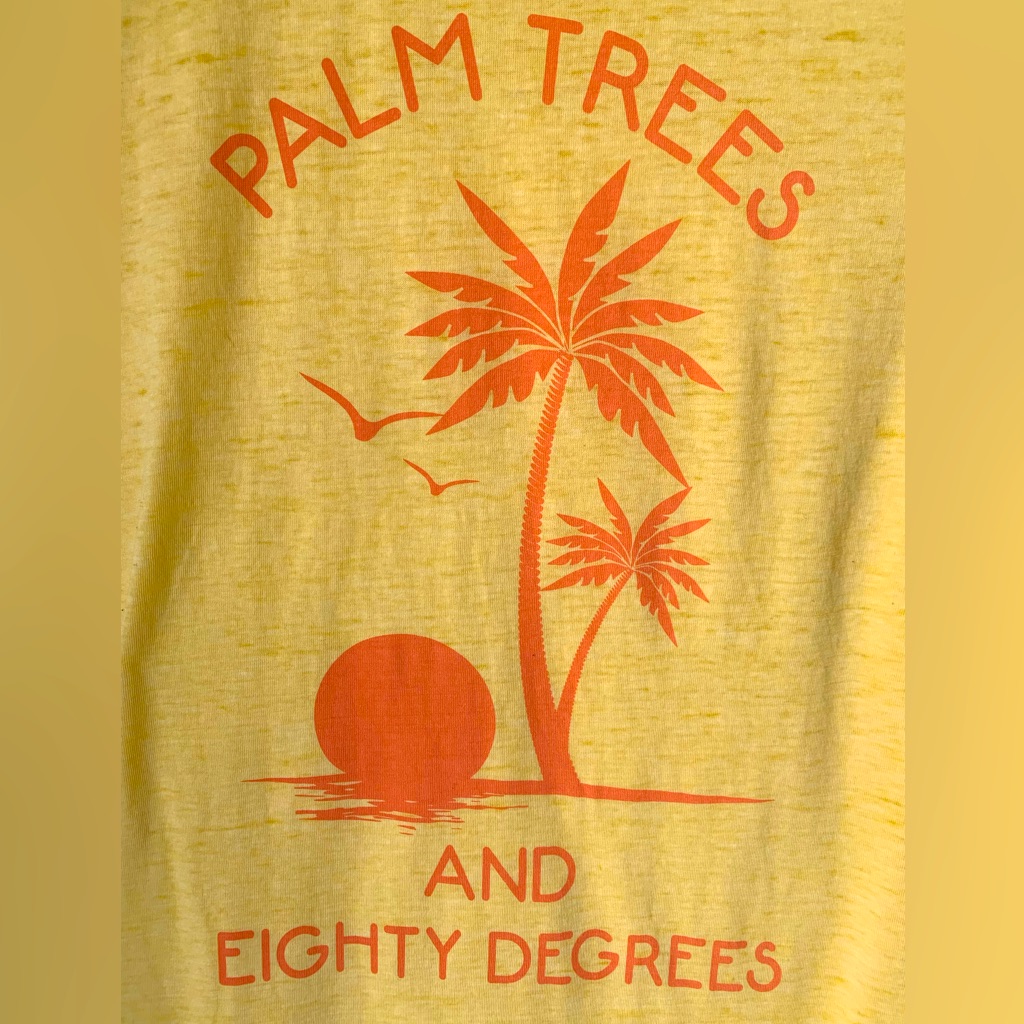 “Palm Trees & 80 Degrees” Tank Top (Xxl) Pale Yellow With Coral Graphics; Beach